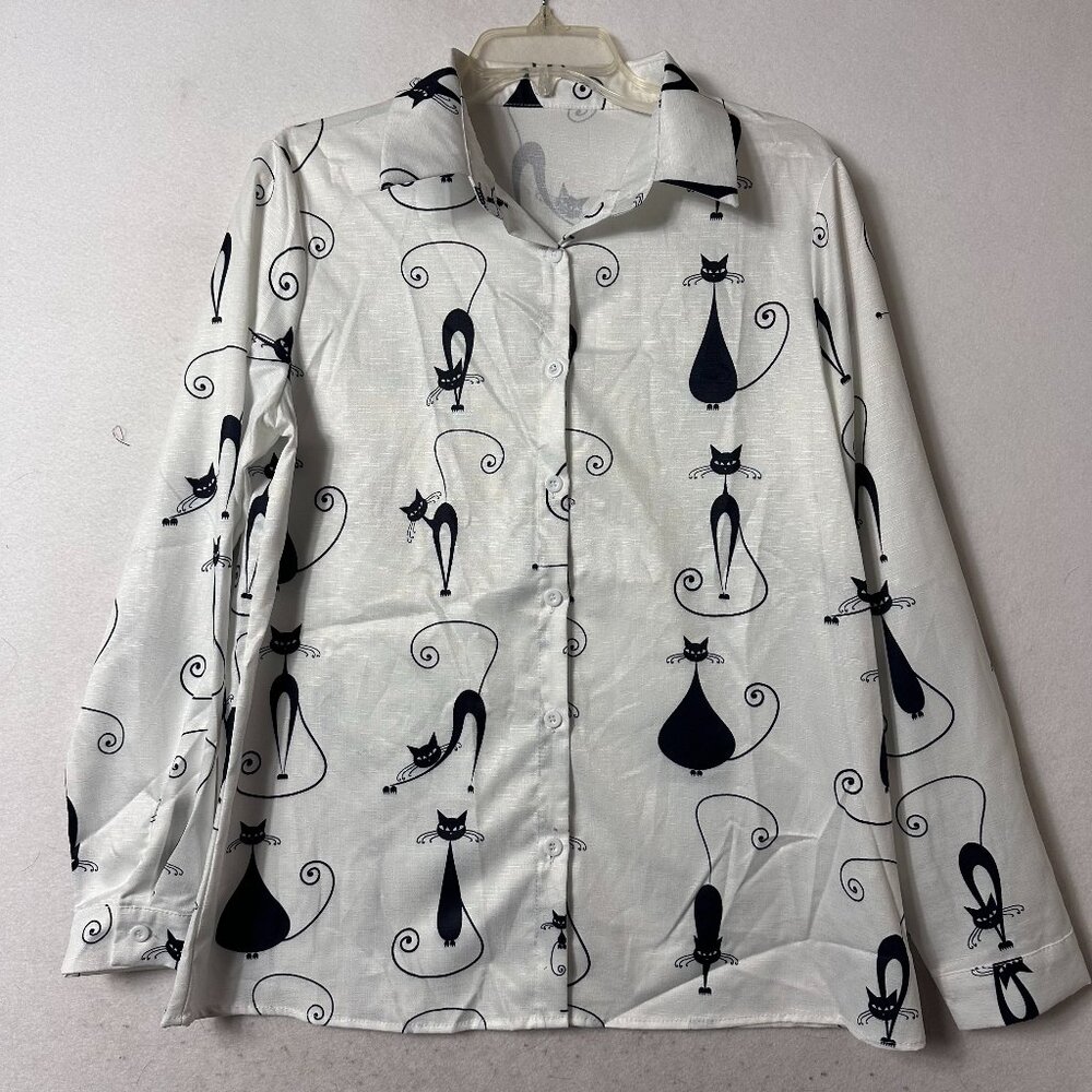 Shirt‎ womens size L white Button-Up black tall long cats cat lady long sleeve